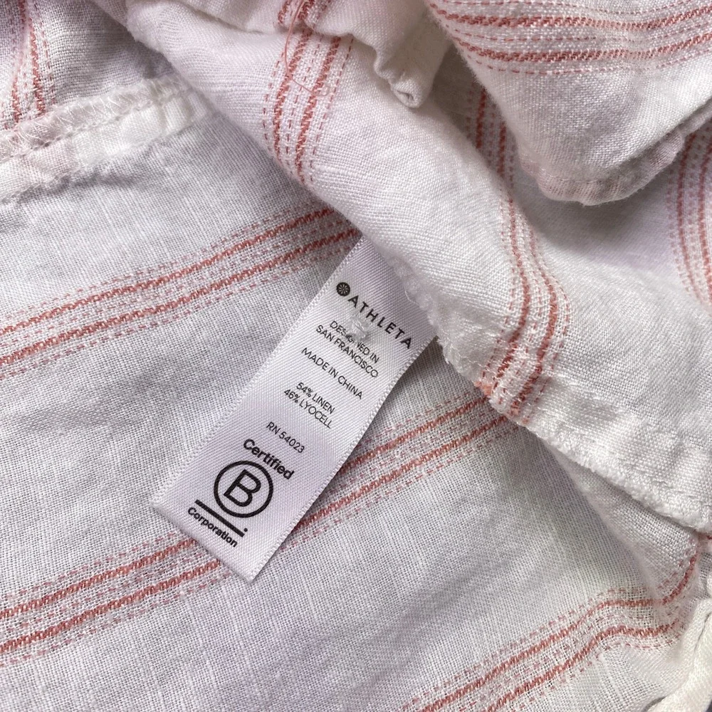 Athleta Anguilla Striped Linen Button Down Shirt‎ Womens XS S/S White Pink